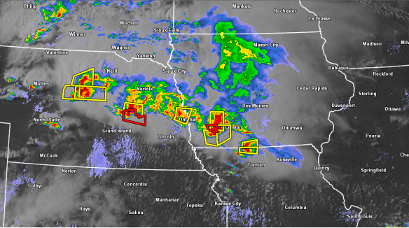 We are in the yellow box, near Omaha. The weather guy said they describe the storms as train cars because one rolls in just as the last storm cell rolls out.