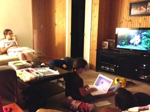 This is some of the group. We holed ourselves up in the basement and watched Madagascar. We wanted to watch Twister, but our internet did not cooperate.